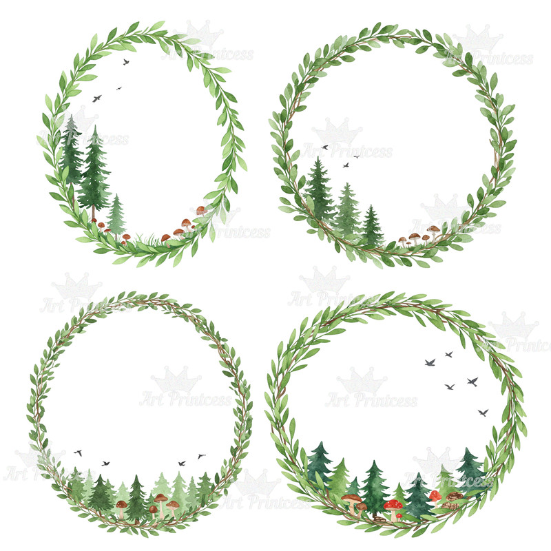 Forest Trees Wreaths Watercolor Clipart Bundle Greenery Frames Woodland Borders PNG Digital Downlo 8
