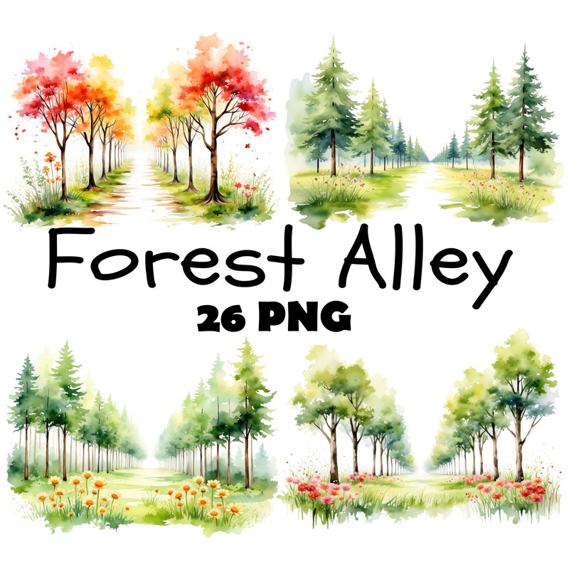 Watercolor Forest Path Clipart Digital Download Woodland Alley Graphics PNG Nature Scene Clipart Fo 0