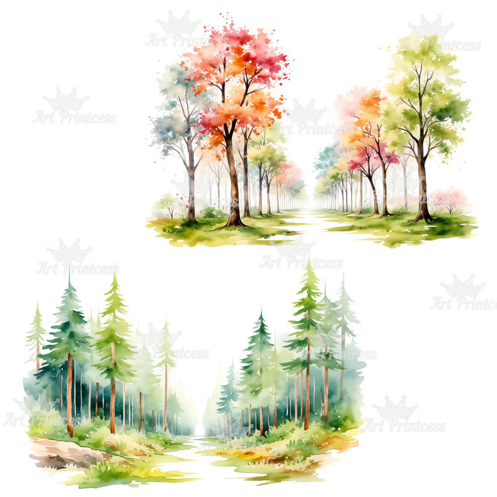 Watercolor Forest Path Clipart Digital Download Illustrations Woodland Alley Graphics PNG Printable 13