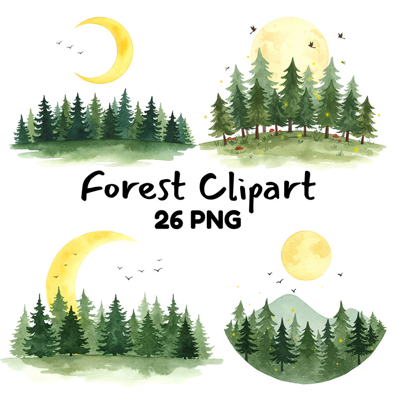 Watercolor Forest Clipart Bundle 26 PNG Woodland Tree Graphics Pine Evergreen Landscape Moon  Birds 0