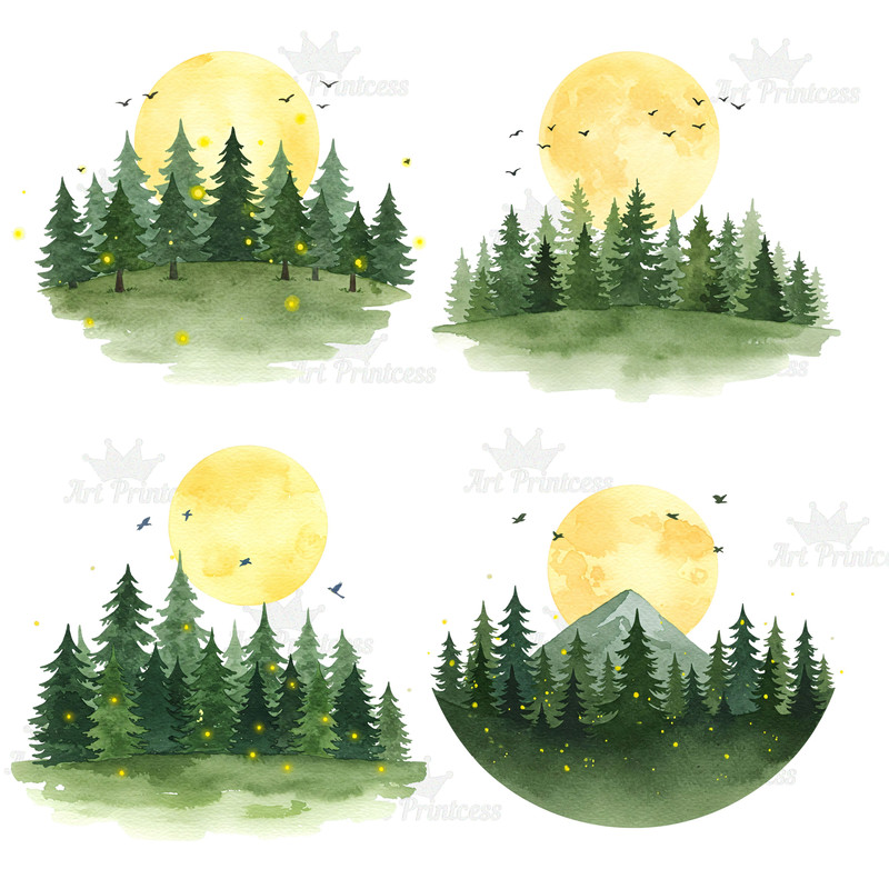 Watercolor Forest Clipart Bundle 26 PNG Woodland Tree Graphics Pine Evergreen Landscape Moon  Birds 2