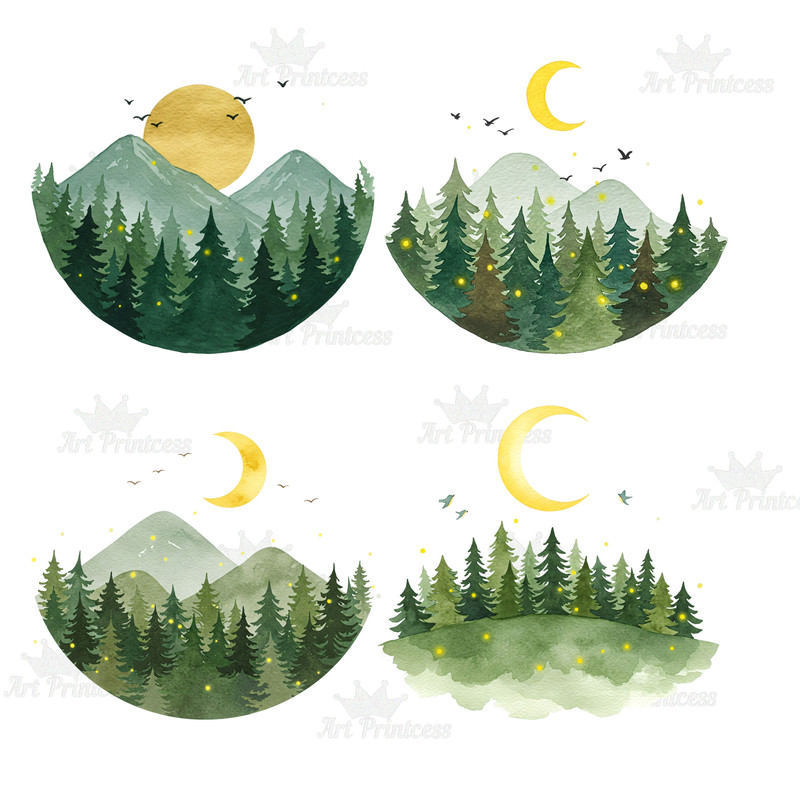 Watercolor Forest Clipart Bundle 26 PNG Woodland Tree Graphics Pine Evergreen Landscape Moon  Birds 3