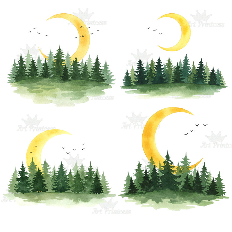 Watercolor Forest Clipart Bundle 26 PNG Woodland Tree Graphics Pine Evergreen Landscape Moon  Birds 4