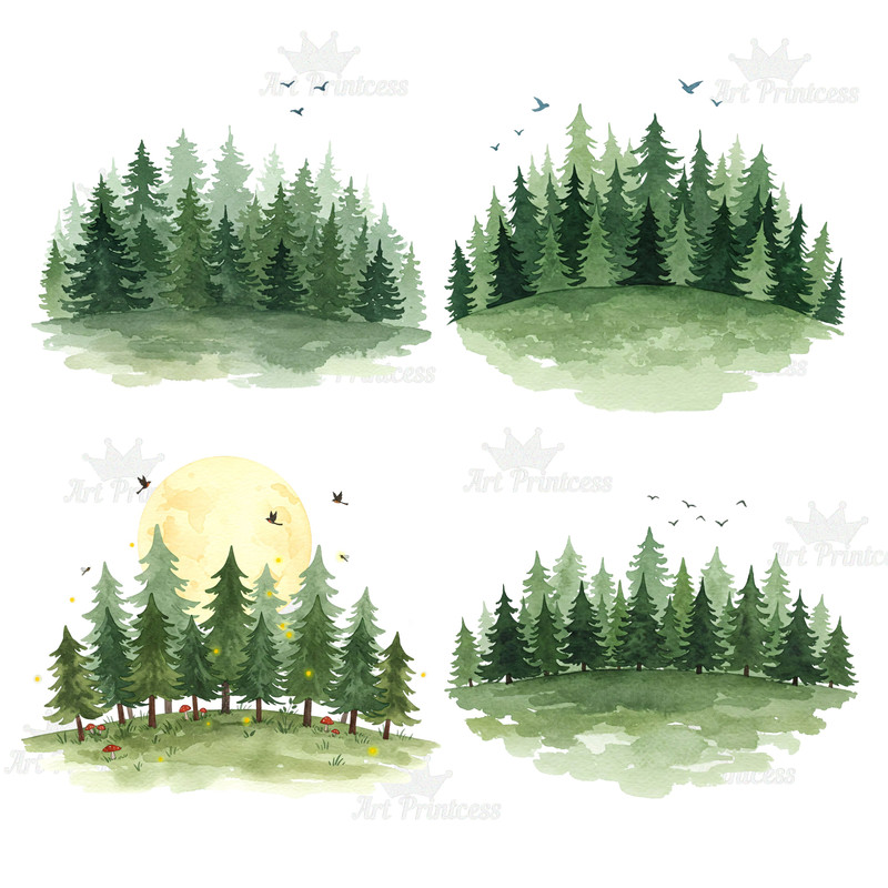 Watercolor Forest Clipart Bundle 26 PNG Woodland Tree Graphics Pine Evergreen Landscape Moon  Birds 5