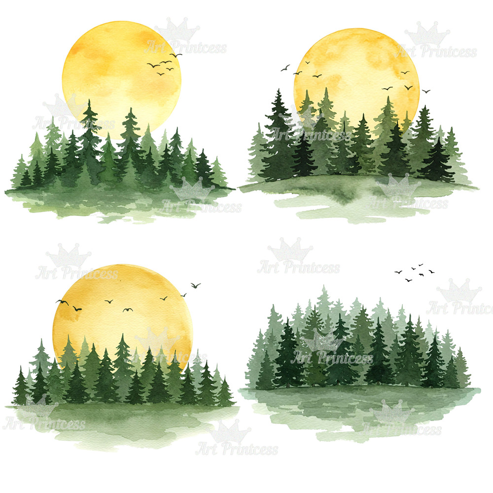 Watercolor Forest Clipart Bundle 26 PNG Woodland Tree Graphics Pine Evergreen Landscape Moon  Birds 0