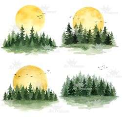 watercolor forest clipart bundle 26 png woodland tree graphics, pine evergreen landscape, moon & birds, sublimation file