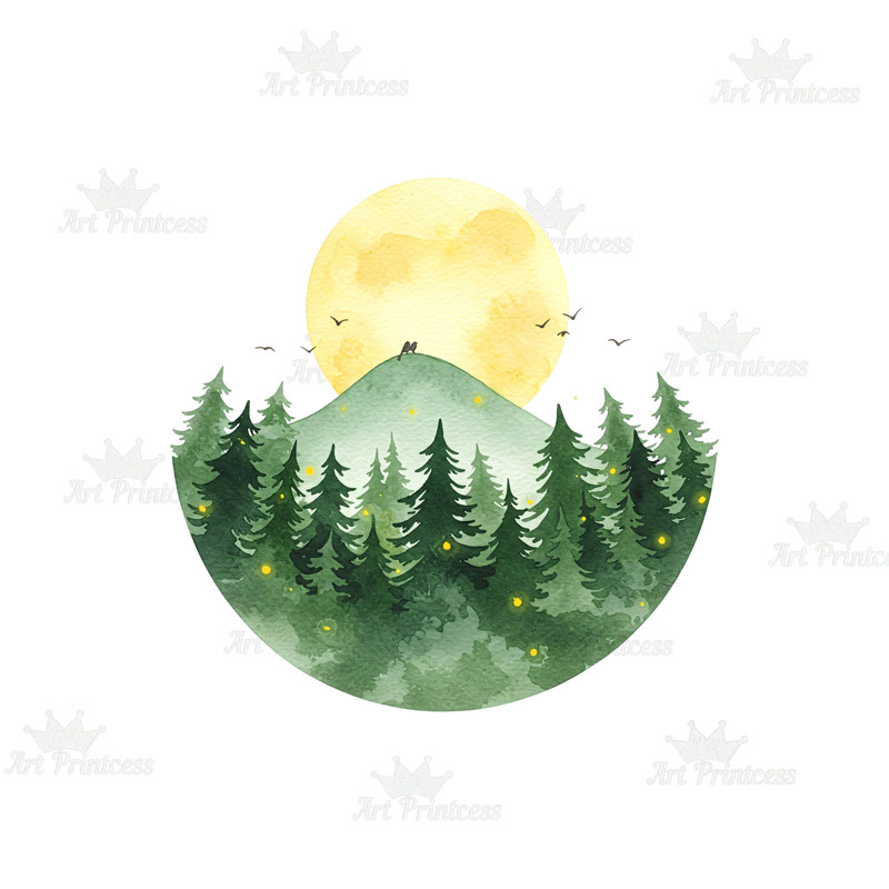 Watercolor Forest Clipart Bundle 26 PNG Woodland Tree Graphics Pine Evergreen Landscape Moon  Birds 3