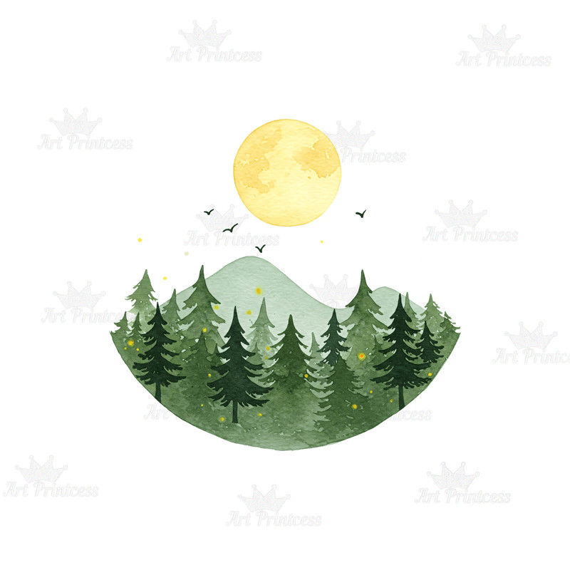 Watercolor Forest Clipart Bundle 26 PNG Woodland Tree Graphics Pine Evergreen Landscape Moon  Birds 4