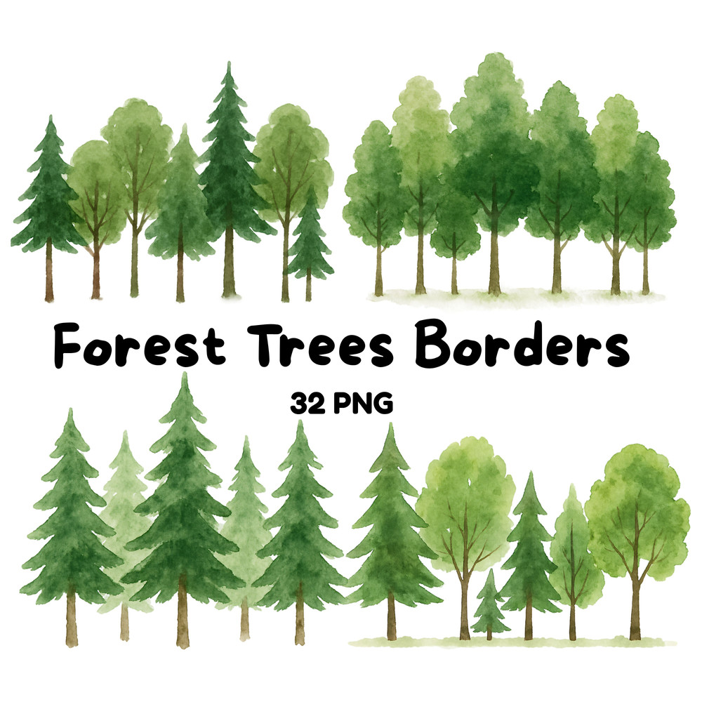 Forest Trees Borders Clipart Bundle 32 Watercolor PNGs With Transparent Background Woodland Landsca 0