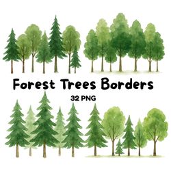 forest trees borders clipart bundle 32 watercolor pngs with transparent background woodland landscape edges digital down