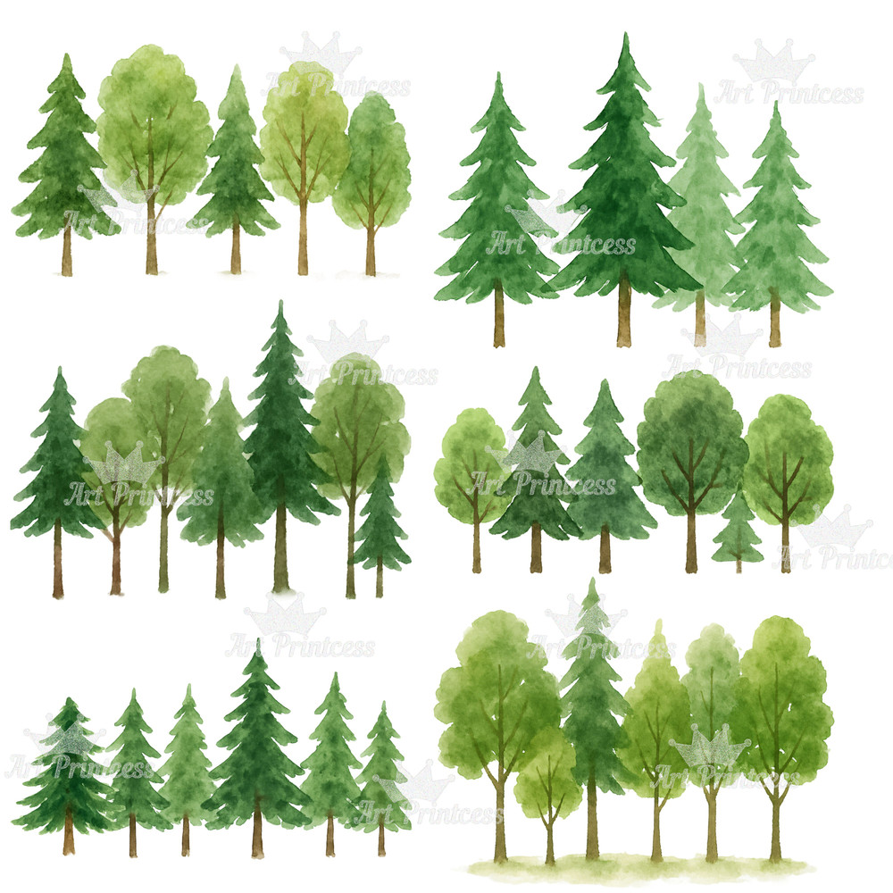Forest Trees Borders Clipart Bundle Watercolor Transparent Background Woodland Landscape Evergreen 4
