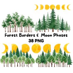 forest borders & moon phases clipart bundle watercolor transparent background woodland celestial landscape graphics png