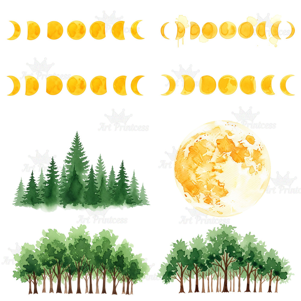 Forest Borders Moon Phases Clipart Bundle Watercolor Transparent Background Woodland Celestial Lan 3