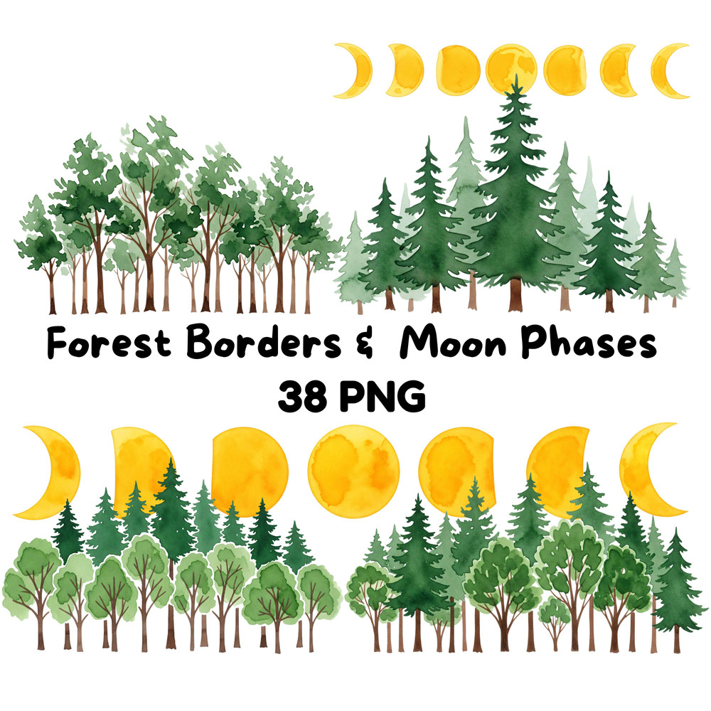 Forest Borders Moon Phases Clipart Bundle Watercolor Transparent Background Woodland Celestial Lan 2