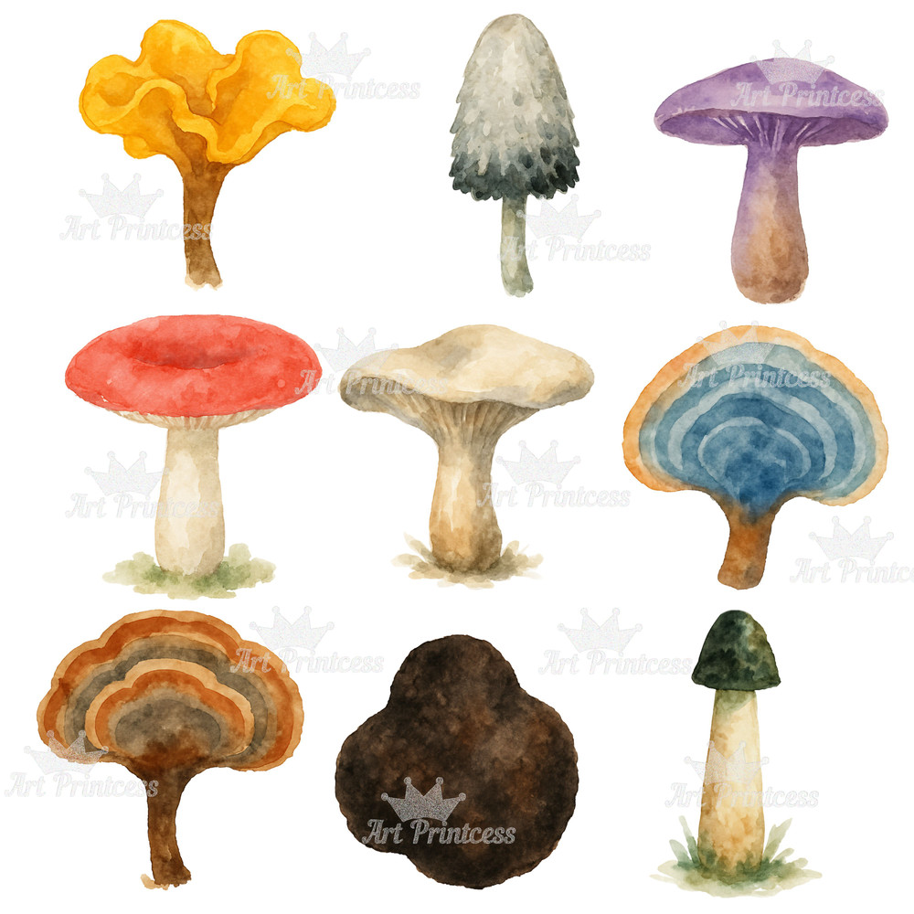 Forest Trees Mushrooms Clipart Bundle Watercolor PNG Transparent Background Woodland Fungi Nature 4