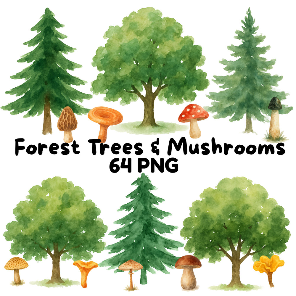 Forest Trees Mushrooms Clipart Bundle Watercolor PNG Transparent Background Woodland Fungi Nature 10