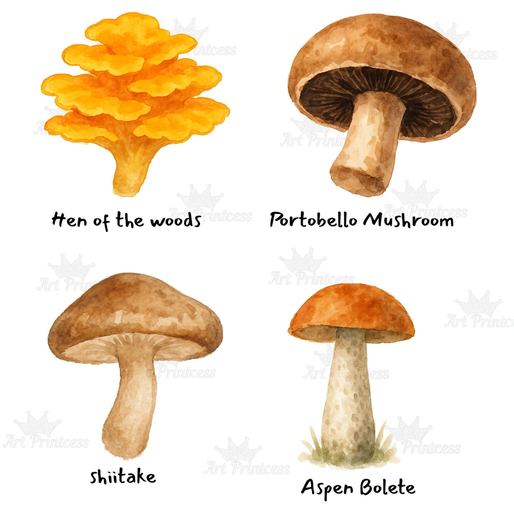 Edible Mushroom Clipart Bundle 64 Watercolor PNG Files Foraging Fungi Art Botanical Kitchen Decor P 6