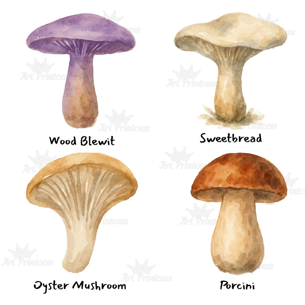 Edible Mushroom Clipart Bundle 64 Watercolor PNG Files Foraging Fungi Art Botanical Kitchen Decor P 8