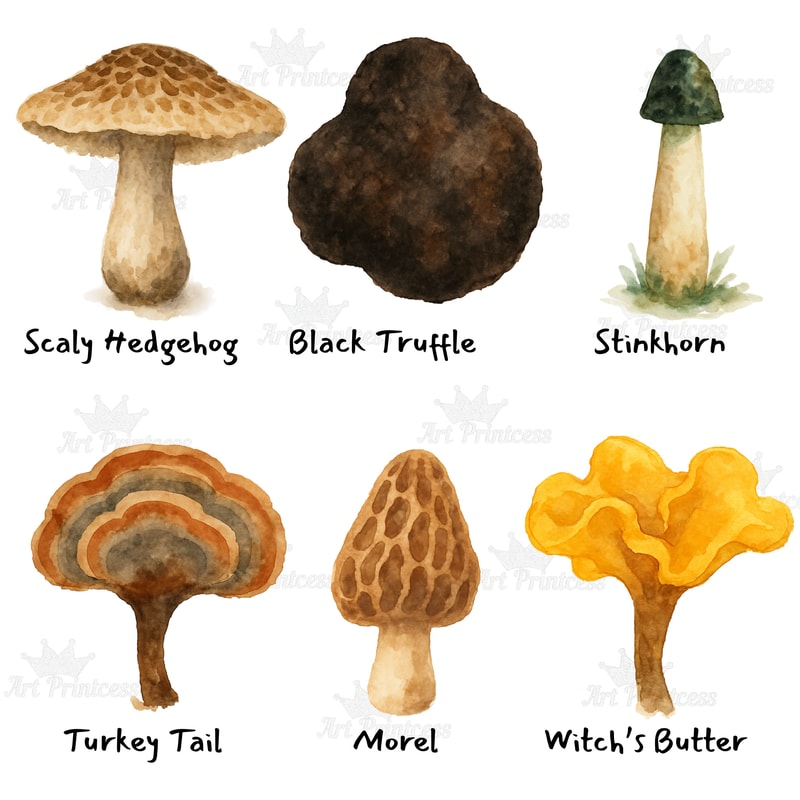 Edible Mushroom Clipart Bundle 64 Watercolor PNG Files Foraging Fungi Art Botanical Kitchen Decor P 9
