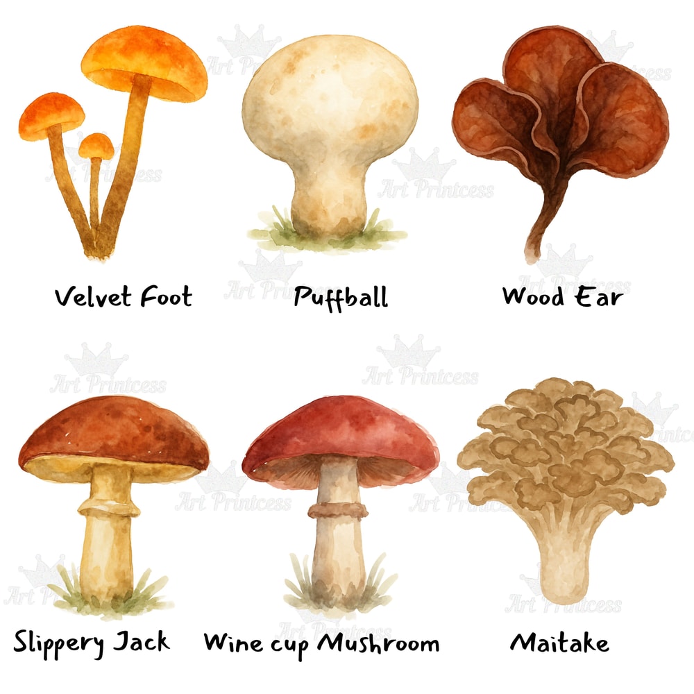 Edible Mushroom Clipart Bundle 64 Watercolor PNG Files Foraging Fungi Art Botanical Kitchen Decor P 12