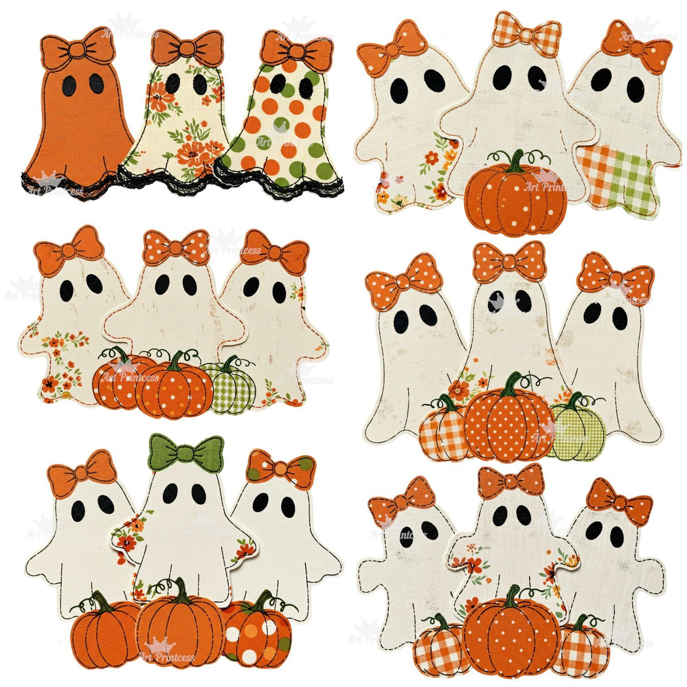 Coquette Halloween Ghosts PNG Bundle Cute Spooky Sublimation Craft Files Bows Lace Embroidery Flora 4