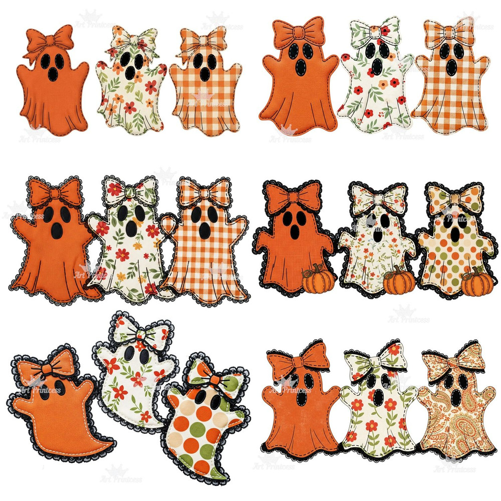 Coquette Halloween Ghosts PNG Bundle Cute Spooky Sublimation Craft Files Bows Lace Embroidery Flora 6