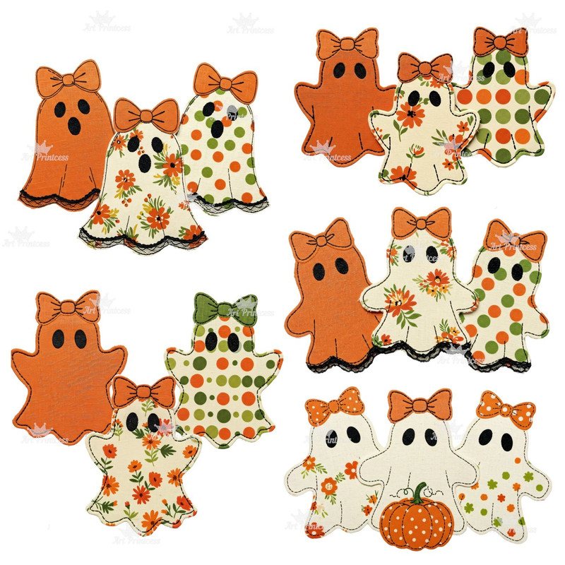 Coquette Halloween Ghosts PNG Bundle Cute Spooky Sublimation Craft Files Bows Lace Embroidery Flora 8