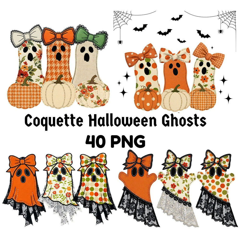 Coquette Halloween Ghosts PNG Bundle Cute Spooky Sublimation Lace Embroidery Floral Pumpkin Designs 1