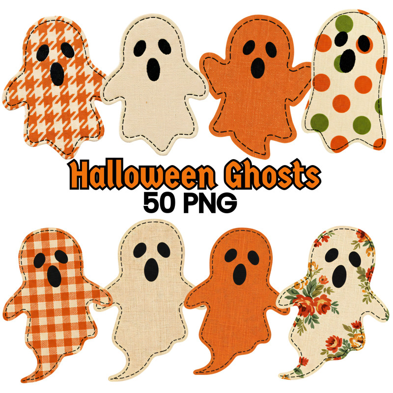 Cute Fabric Ghosts Clipart PNG Bundle Vintage Halloween Digital Download Spooky Season Sublimation 0