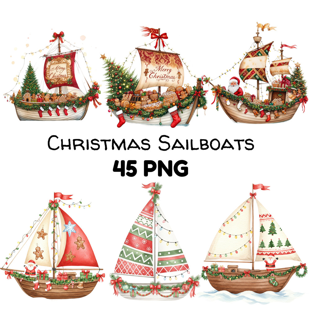 Christmas Sailboat Illustration Clipart PNG Watercolor Christmas Sailboats Nautical Christmas Ship 0