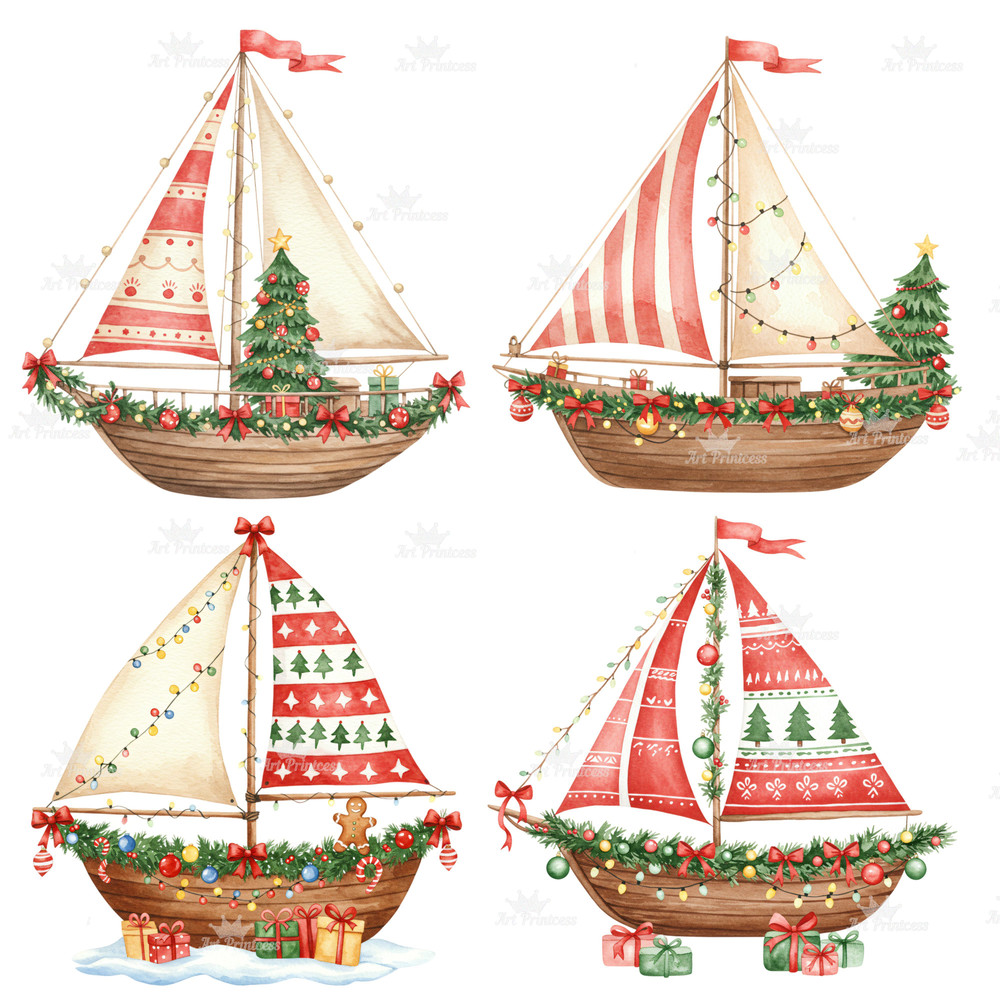 Christmas Sailboat Illustration Clipart PNG Watercolor Christmas Sailboats Nautical Christmas Ship 3