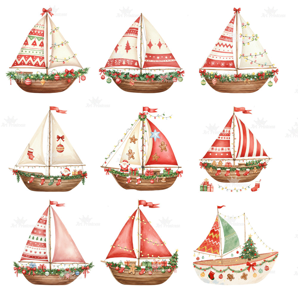 Christmas Sailboat Illustration Clipart PNG Watercolor Christmas Sailboats Nautical Christmas Ship 4