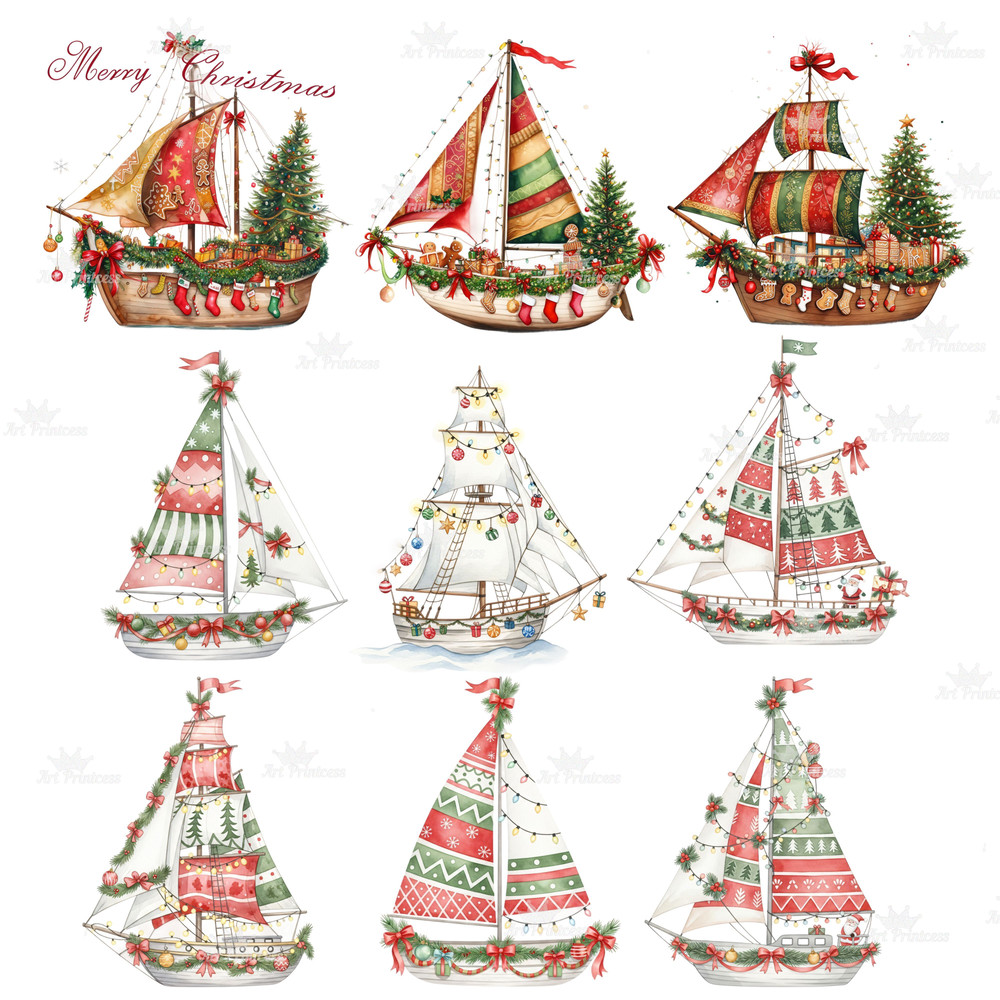 Christmas Sailboat Illustration Clipart PNG Watercolor Christmas Sailboats Nautical Christmas Ship 6