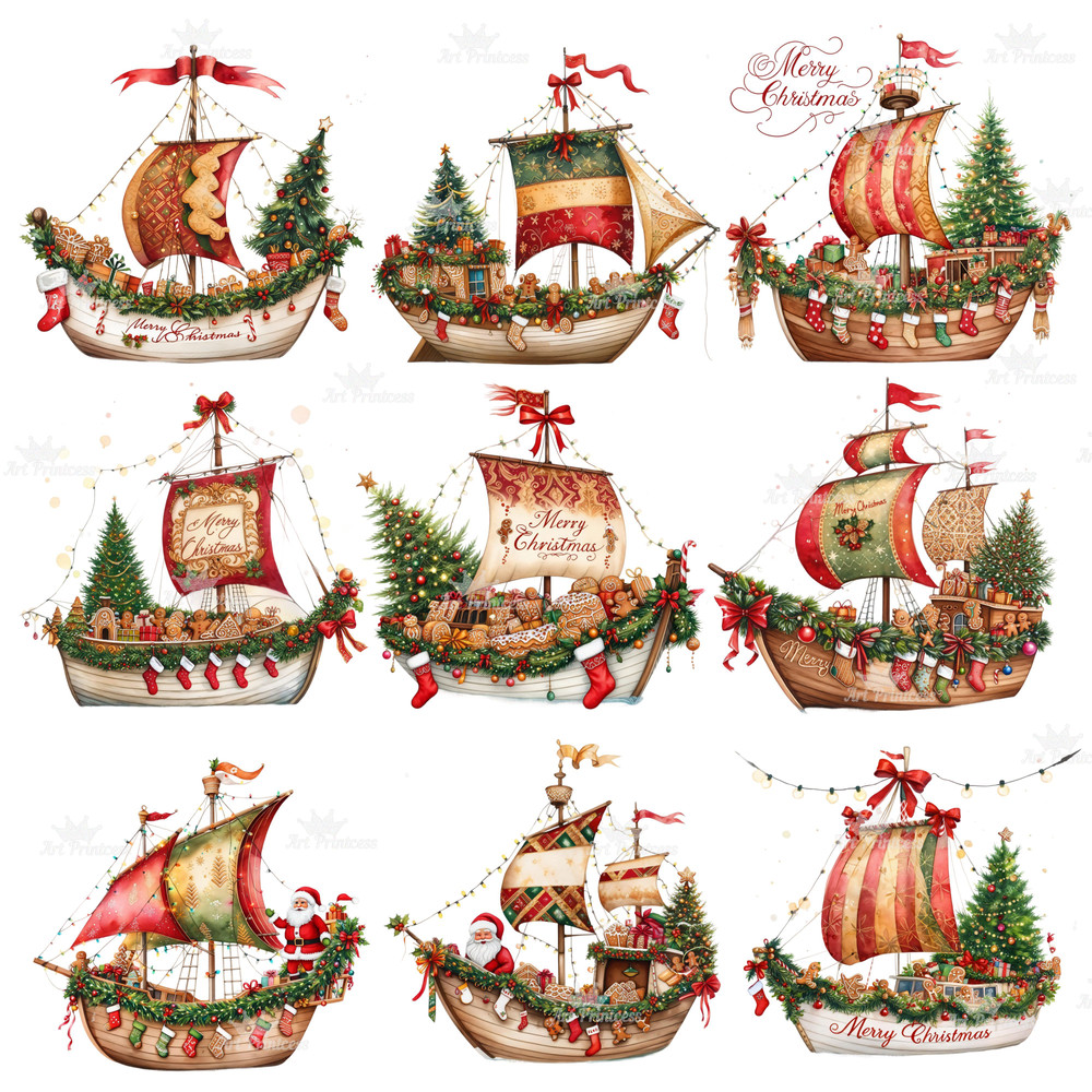 Christmas Sailboat Illustration Clipart PNG Watercolor Christmas Sailboats Nautical Christmas Ship 7