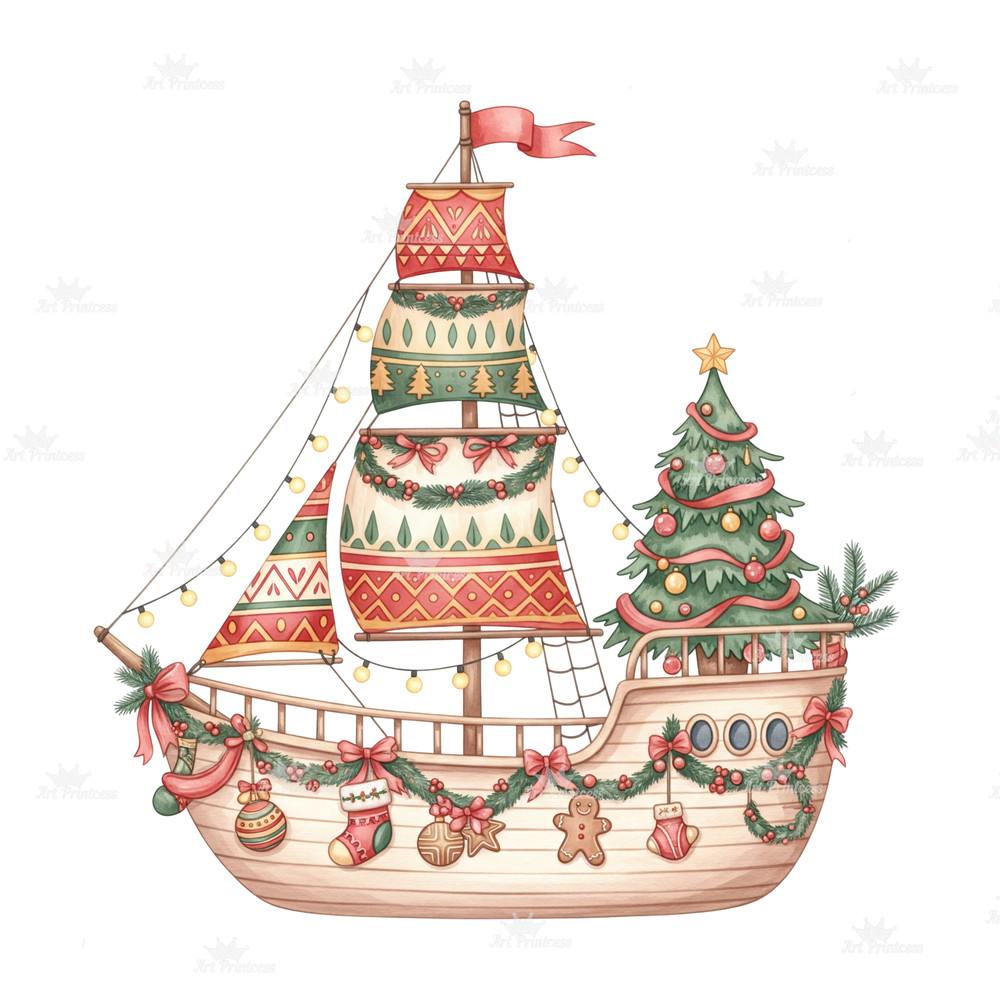 Christmas Sailboat Illustration Clipart PNG Watercolor Christmas Sailboats Nautical Christmas Ship 4