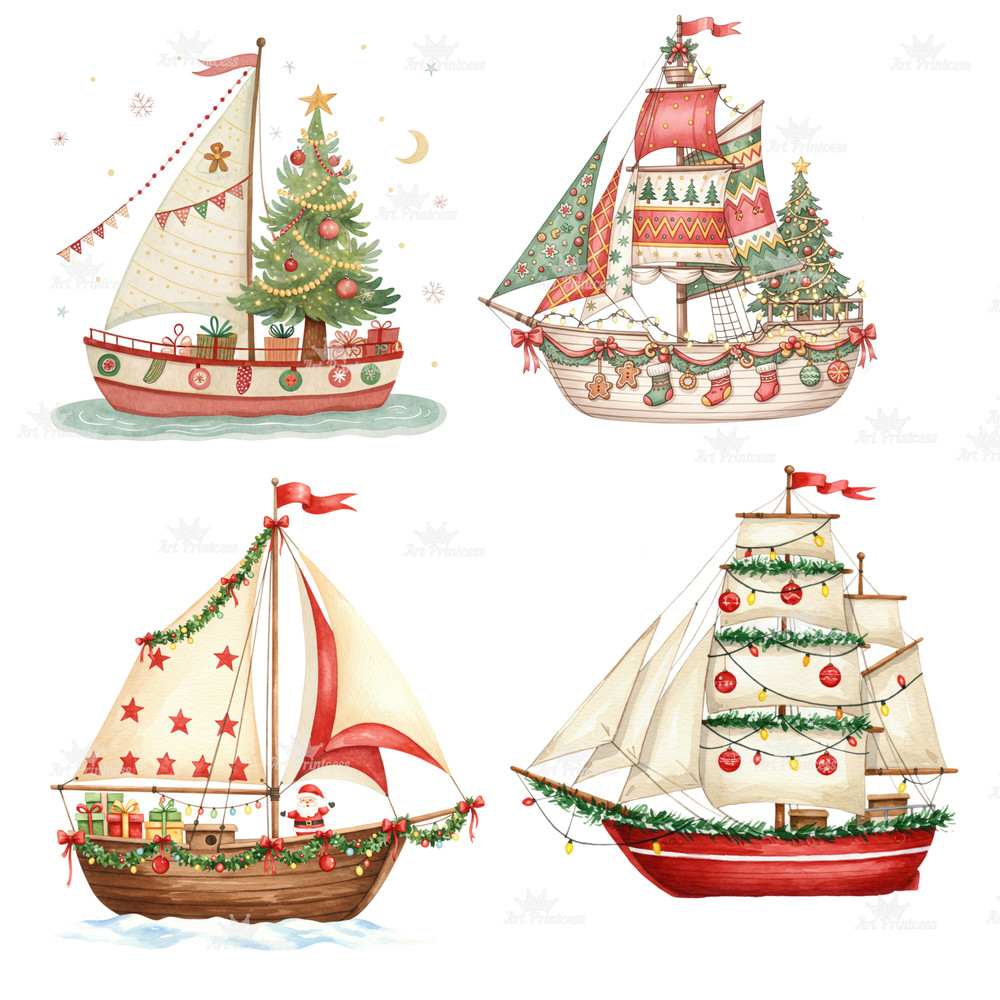 Christmas Sailboat Illustration Clipart PNG Watercolor Christmas Sailboats Nautical Christmas Ship 5