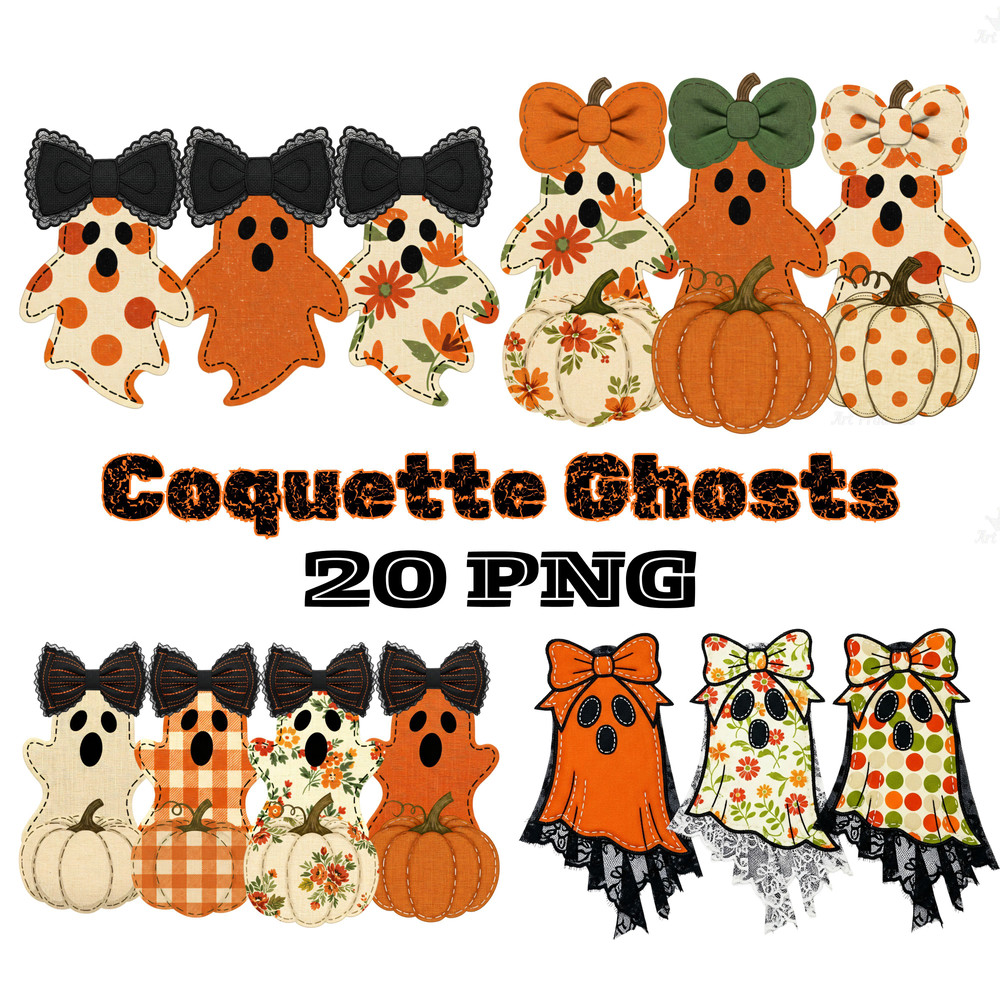 Coquette Ghost PNG Bundle Fabric Halloween Clipart Cute Spooky Printable Bow Ghost Shirt Design Aut 0