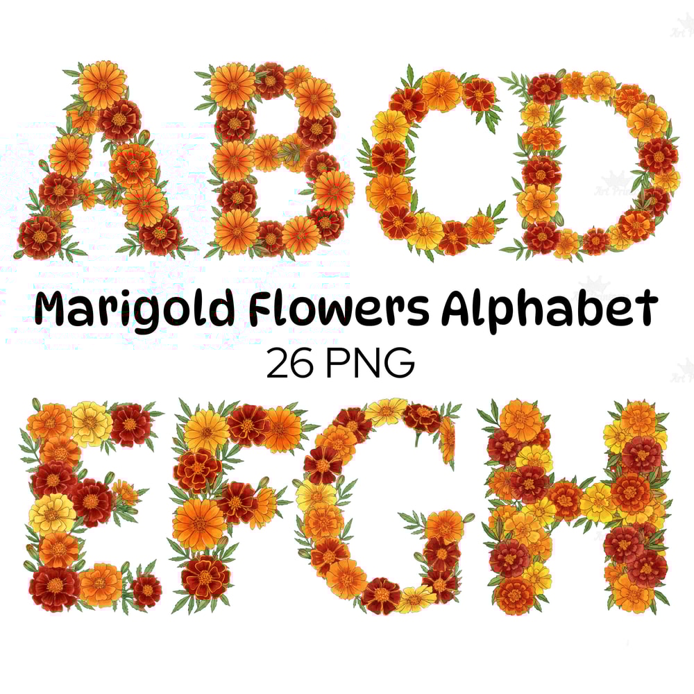 Watercolor Marigold Alphabet PNG Clipart October Birth Flower Floral Letters Floral Monogram Printa 0