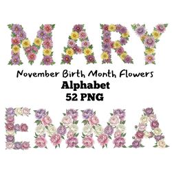 november birth month flowers alphabet chrysanthemum & peony floral letters png floral initial letters digital download b