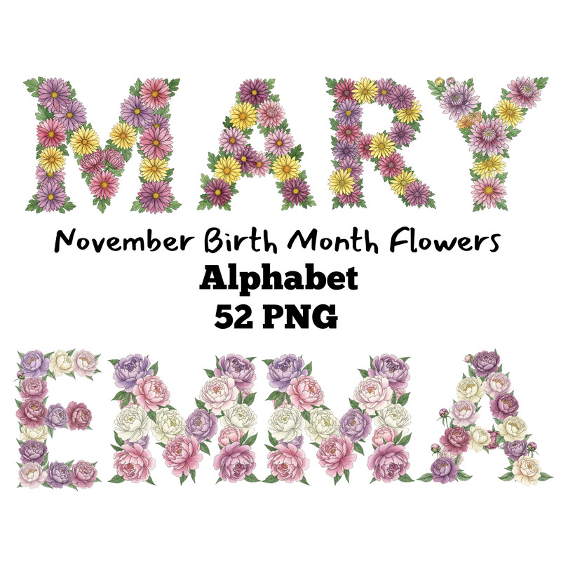 November Birth Month Flowers Alphabet Chrysanthemum  Peony Floral Letters PNG Floral Initial Letter 1