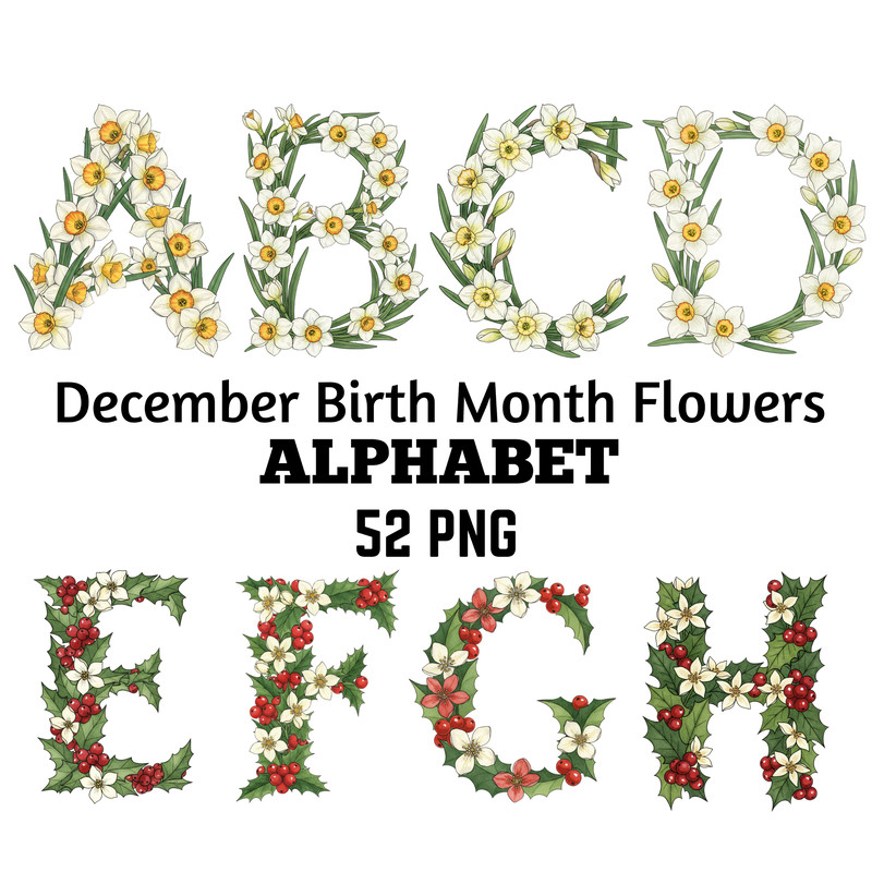 December Birth Flower Alphabet Clipart PNG Narcissus Holly Letters Bundle Floral Monogram Clipart D