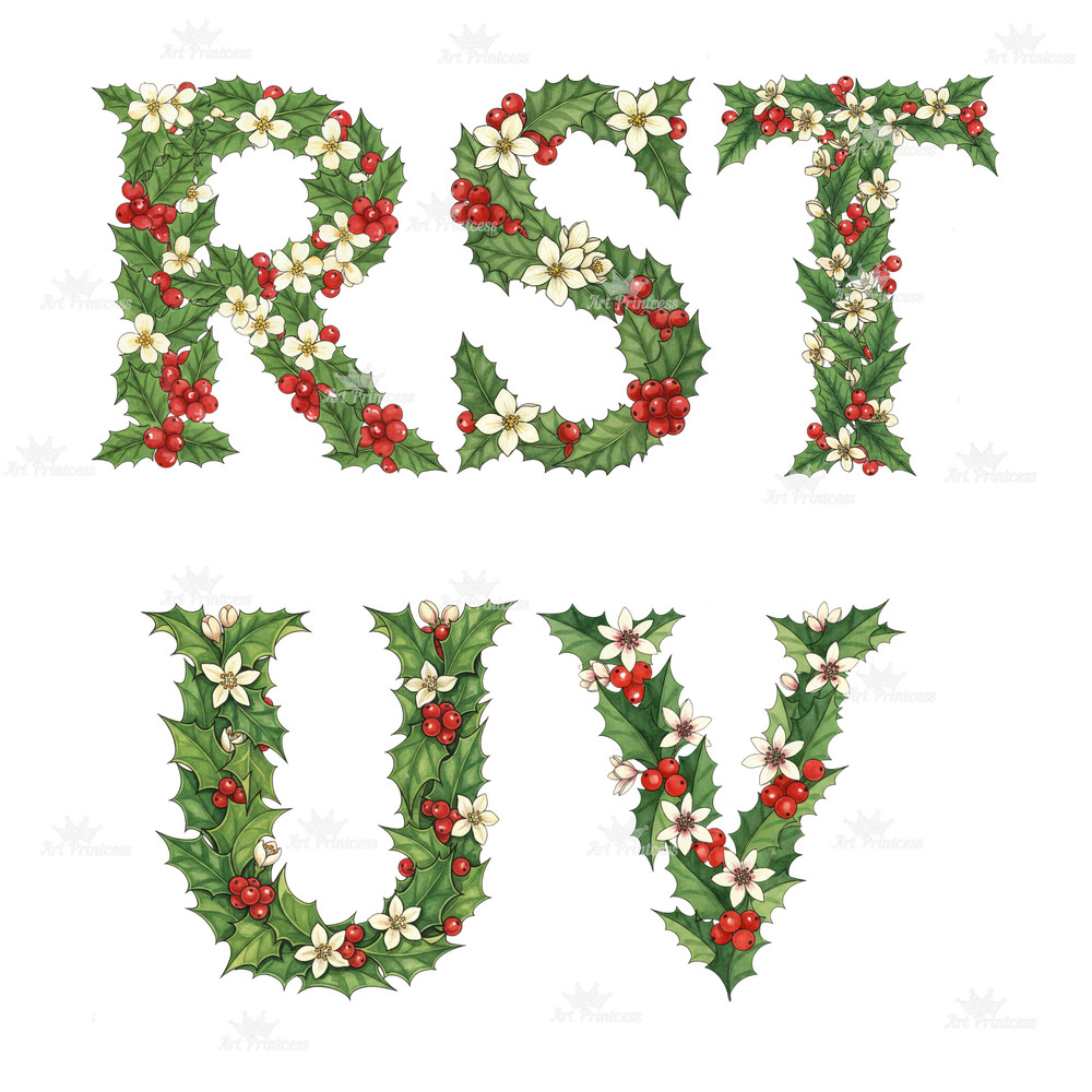 December Birth Flower Alphabet Clipart PNG Narcissus Holly Letters Bundle Floral Monogram Clipart D