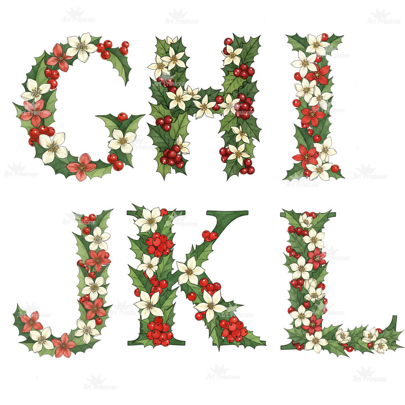 December Birth Flower Alphabet Clipart PNG Narcissus Holly Letters Bundle Floral Monogram Sublimati 4