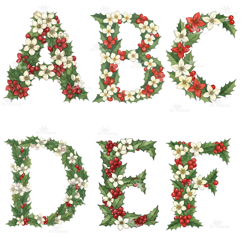 December Birth Flower Alphabet Clipart PNG Narcissus Holly Letters Bundle Floral Monogram Sublimati 2