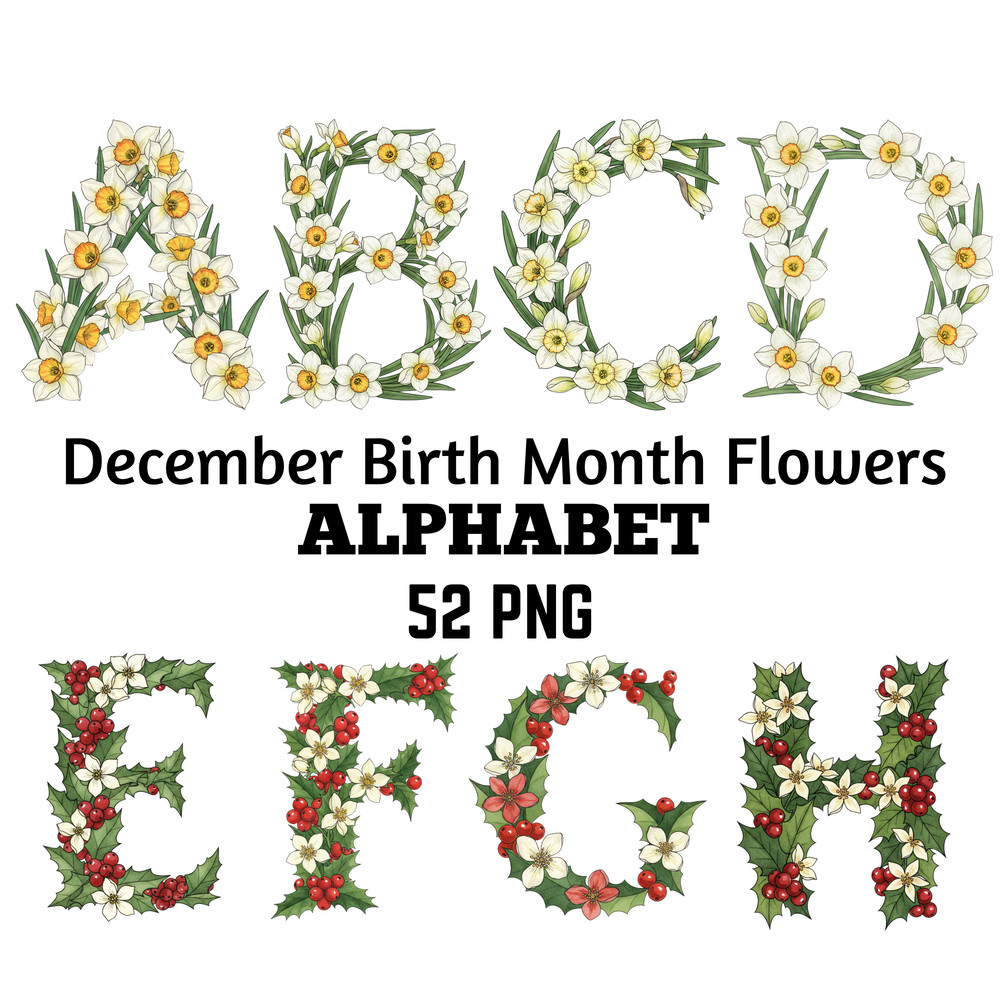 December Birth Flower Alphabet Clipart PNG Narcissus Holly Letters Bundle Floral Monogram Sublimati 1