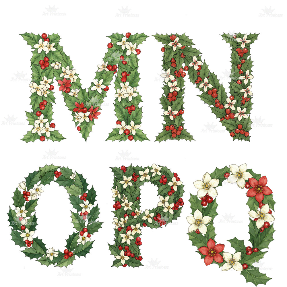 December Birth Flower Alphabet Clipart PNG Narcissus Holly Letters Bundle Floral Monogram Printable 6