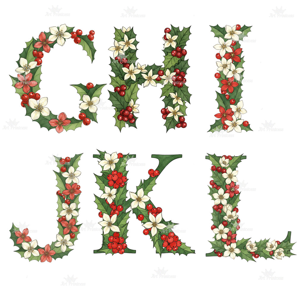 December Birth Flower Alphabet Clipart PNG Narcissus Holly Letters Bundle Floral Monogram Printable 4