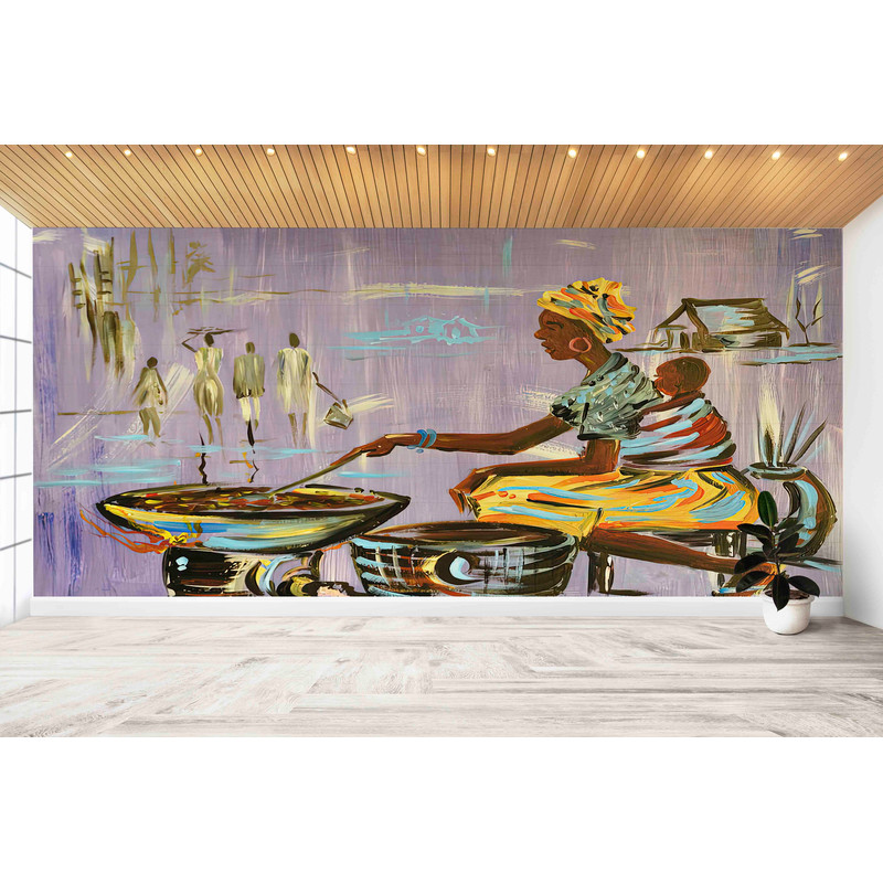 3d Wall Paper,Custom Wall Paper,Bright Wall Paper,African Mother Cooking,Ethnic Mural,African Woman Cooking Wall Decor,.jpg