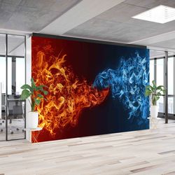 3d wall paper,fire vs water war wall poster,wall paper peel and stick,bright wall paper,heat and cold wall art,red vs bl