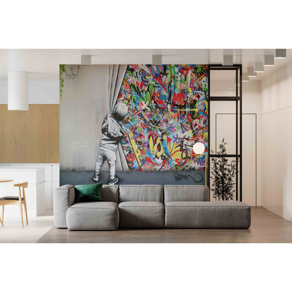 Kid Graffiti Mural, Behind the Curtain Wall Paper, Martin Watson Wall Decor, Banksy Boy Mural, Banksy Graffiti Wall Mural,.jpg